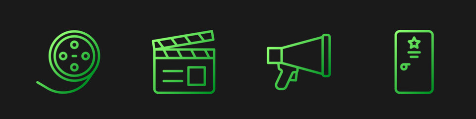 Set line Megaphone, Film reel, Movie clapper and Backstage. Gradient color icons. Vector