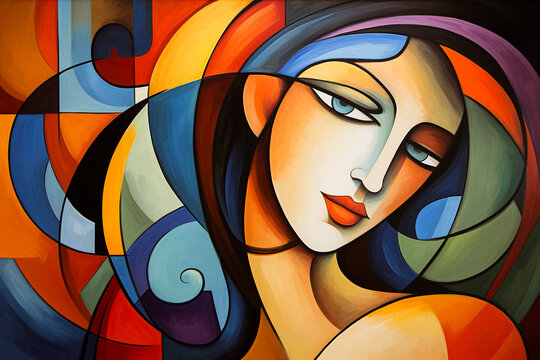 Visage f&eacute;minin, portrait en peinture de style cubisme