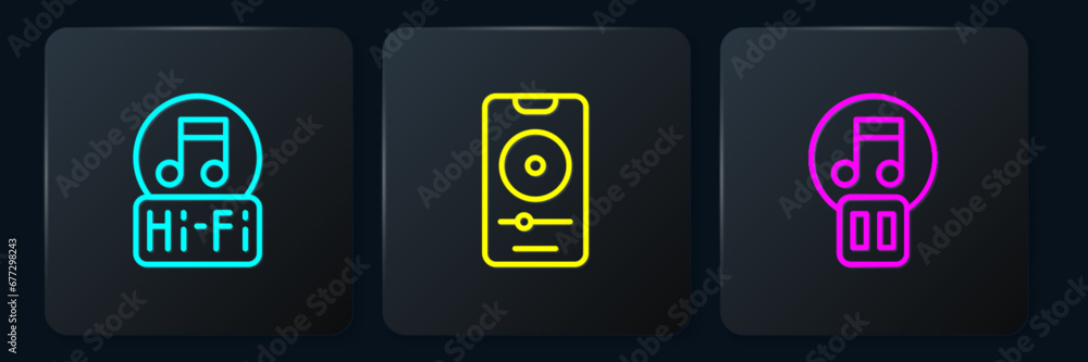 Poster set line music note, tone, pause button and player. black square button. vector