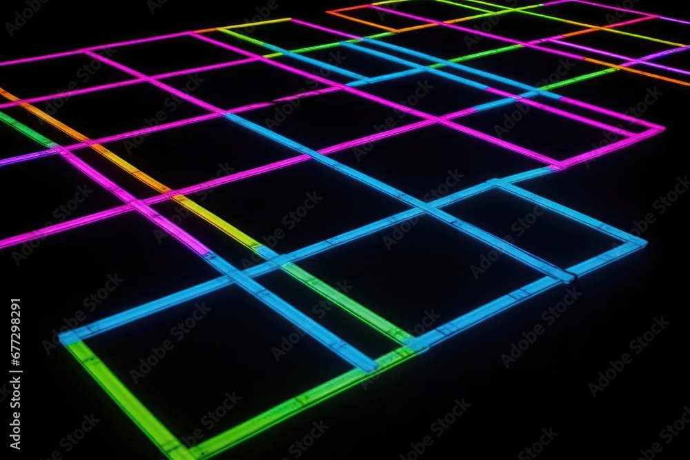Poster vibrant display of neon colored squares on a sleek black background generative ai