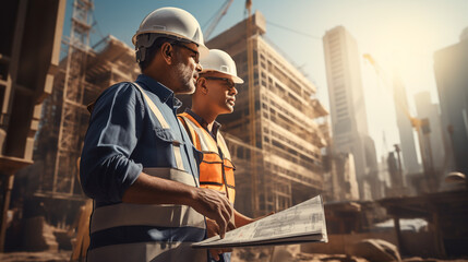 Contractor and civil engineer looking at an ongoing building site   - obrazy, fototapety, plakaty