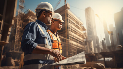 Contractor and civil engineer looking at an ongoing building site  