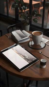 Tablet with blank screen and coffee cup on wooden table in cafe