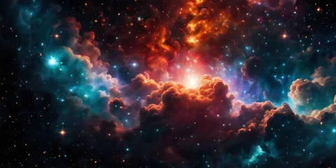 Fototapeten Colorful cosmic nebula veiled in space dust, a celestial spectacle. Fantastic space nebula with glowing cosmic clouds on black background. Universe, stars and galaxies clusters of fantastic worlds © useful pictures