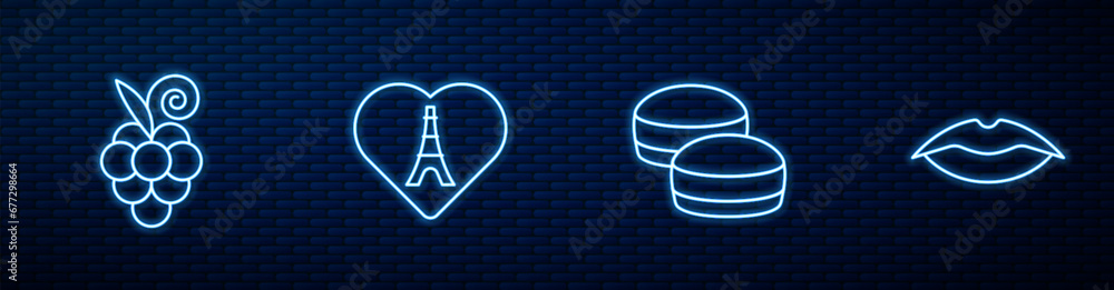 Poster set line macaron cookie, grape fruit, eiffel tower with heart and smiling lips. glowing neon icon on