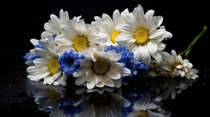 Bouquet of daisies on a black background with reflection. Springtime  concept with a space for a text. Valentine day concept with a copy space.