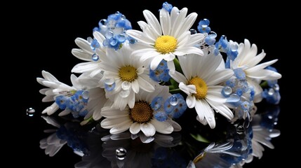 Beautiful bouquet of daisies on a black background. Springtime  concept with a space for a text. Valentine day concept with a copy space.