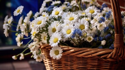 Bouquet of beautiful daisies in a wicker basket. Springtime  concept with a space for a text. Valentine day concept with a copy space.