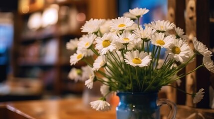White daisies in a blue vase on a wooden table. Springtime  concept with a space for a text. Valentine day concept with a copy space.