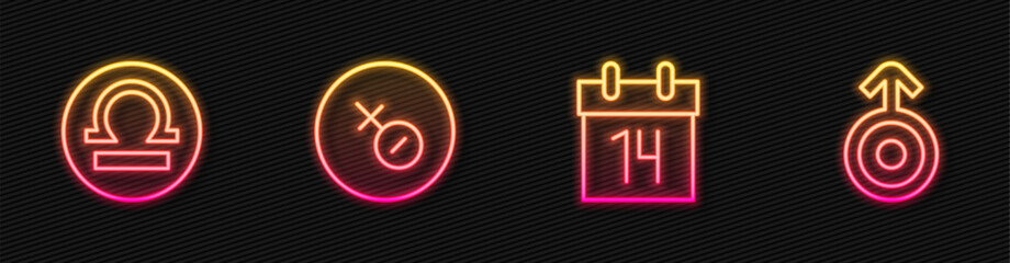 Set line Calendar, Libra zodiac, Venus symbol and Symbol Uranus. Glowing neon icon. Vector