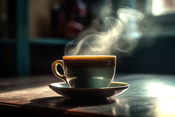 Coffee cup with hot coffee. Morning coffee in mug on table in restaurant. Breakfast with coffee in cafe. Hot cappuccino in cup on table in morning. Aromatic espresso caffeine drink in home room. - obrazy, fototapety, plakaty