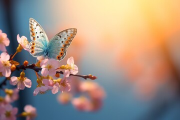 Serenity of Spring: Yellow Butterfly and Blooming Apricot Branch at Dawn