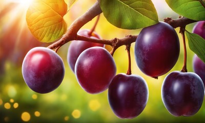 selective focus. Ripe blue purple plums in the plum garden. Agriculture Haversting background. manny ripe fruits in plantation. Ripe plums in orchad. - obrazy, fototapety, plakaty