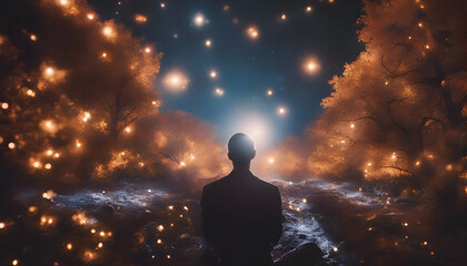 Man in the forest with lights and smoke. 3d rendering.