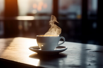 Coffee cup with hot coffee. Morning coffee in mug on table in restaurant. Breakfast with coffee in cafe. Hot cappuccino in cup on table in morning. Aromatic espresso caffeine drink in home room. - obrazy, fototapety, plakaty