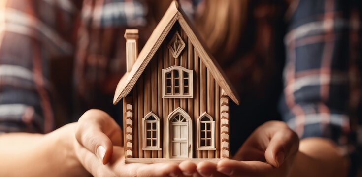 Female woman Hands holding wooden house. Small house in a human hand. New home, business, investment and real estate concept.