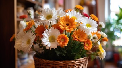 bouquet of gerbera flowers in a vase on the table. Springtime  concept with a space for a text. Valentine day concept with a copy space.