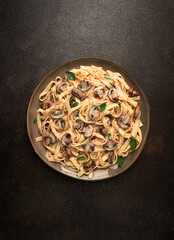 fettuccine with champignons, basil, in cream sauce, homemade, no people,