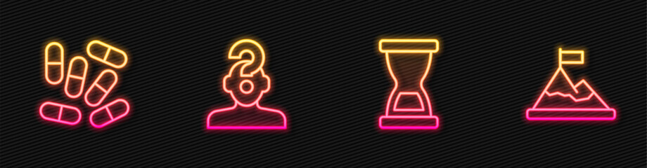 Set line Old hourglass, Medicine pill or tablet, Human with question mark and Mountains flag top. Glowing neon icon. Vector