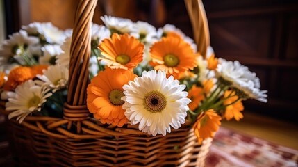 Flowers in a wicker basket on a wooden background. Selective focus. Springtime  concept with a space for a text. Valentine day concept with a copy space.