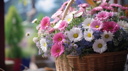 Bouquet of daisies in a basket on the table. Springtime  concept with a space for a text. Valentine day concept with a copy space.