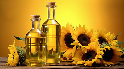 Still life with sunflower oil in bottles, sunflower seeds and sunflowers as decortation on a wooden table against a yellow background 