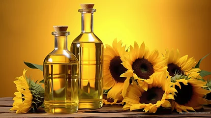 Gardinen Still life with sunflower oil in bottles, sunflower seeds and sunflowers as decortation on a wooden table against a yellow background  © bmf-foto.de