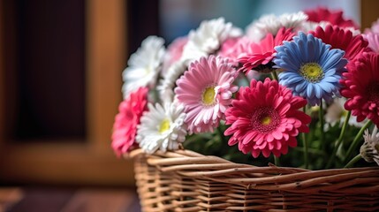 Obraz na płótnie Canvas Colorful daisies in a basket on a wooden table. Springtime concept with a space for a text. Valentine day concept with a copy space.