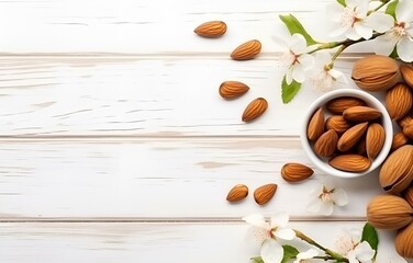 Fototapeta na wymiar nuts almonds and almond flowers with leaves on white wooden table soft light for diet food card design
