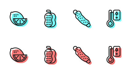Set line Washcloth, Lemon, and Sauna thermometer icon. Vector