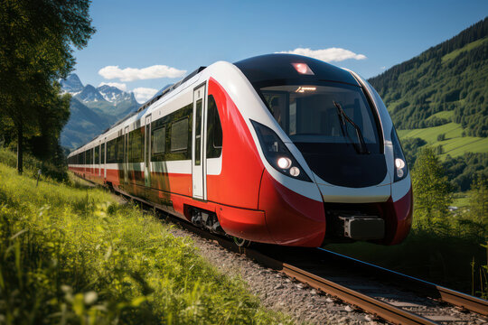 &Ouml;ffentlicher Nahverkehr - rot-wei&szlig;e Alpenbahn im Allg&auml;u. Illustration - erzeugt mit Generative AI.
