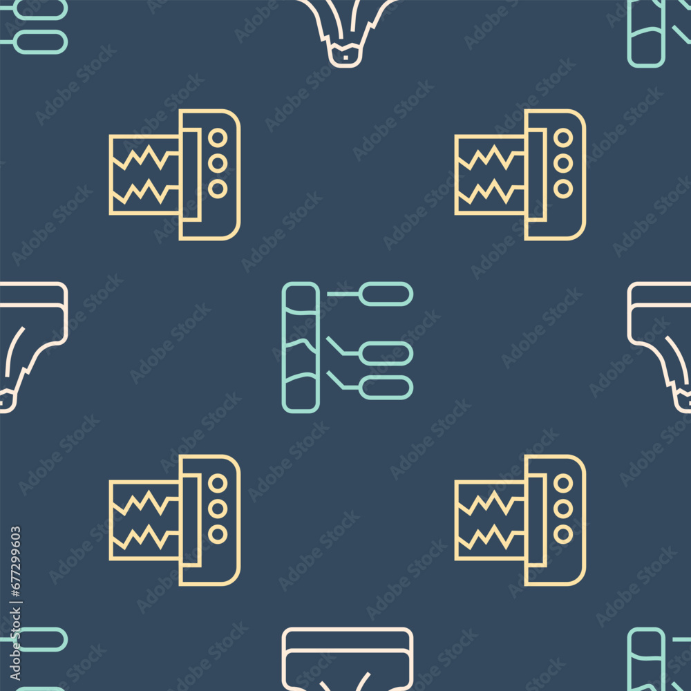 Poster set line volcano, seismograph and soil analysis on seamless pattern. vector