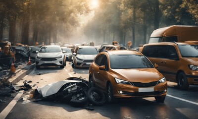 On the car crash traffic accident scene. Multiple car crash each other - obrazy, fototapety, plakaty