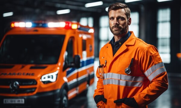 Portrait of male EMS paramedic proudly standing in front of camera in high visibility medical uniform/ Successful Emergency medical technician or doctor at work