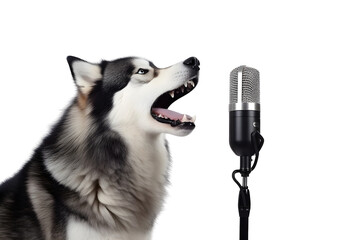 Siberian Husky dog with a microphone singing karaoke, on transparent background white background, png file with generative ai	 - obrazy, fototapety, plakaty