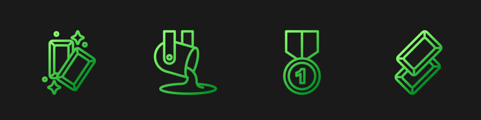 Set line Gold medal, bars, Molten gold being poured and . Gradient color icons. Vector