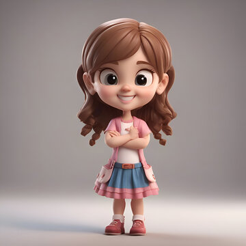 3D Render of Cute Little Girl with Long Hair in Pink Dress