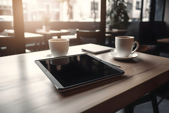 Tablet pc and cup of coffee on wooden table in coffee shop