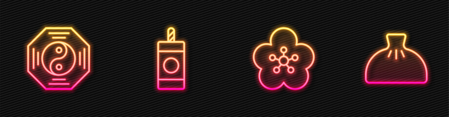 Set line Lotus flower, Yin Yang symbol, Firework and Dumpling. Glowing neon icon. Vector