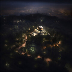 Mosque in the middle of the forest at night. Digital painting.
