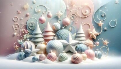Stylized Christmas Ornaments and Trees in Pastel Winter Wonderland
