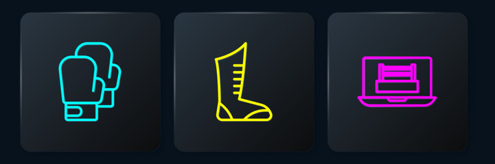 Set line Boxing glove, ring and Sport boxing shoes. Black square button. Vector