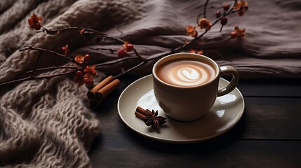 Cup of coffee with latte art on wooden table with warm plaid