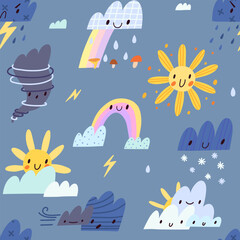 Seamless pattern of Cute cartoon weather icons. Emotional weather forecast. Vector of symbols for different weather or seasons. Children's illustration of sun, rain, storm, snow, wind, rainbow, clouds