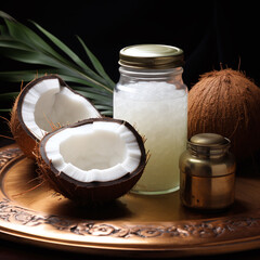 Fototapeta na wymiar Still life with coconut oil and fat in bottles with coconuts and palm leaves as decortation on a wooden table against a dark background 