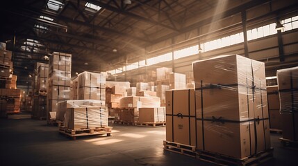 Warehouse interior with rows of boxes. 3d rendering toned image