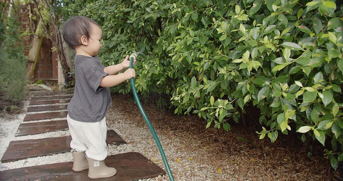 happy Asian family little cute adorable toddler child daughter girl watering plants in domestic garden backyard on warm sunny day at home. Child doing activity watering plants from a hose