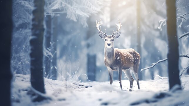 Beautiful wild deer in winter forest. Filtered image processed vintage effect.