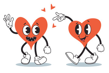 Obraz premium Heart retro cute character love cartoon isolated set. Vector flat graphic design illustration