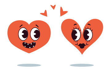Obraz premium Heart retro cute character love cartoon isolated set. Vector flat graphic design illustration
